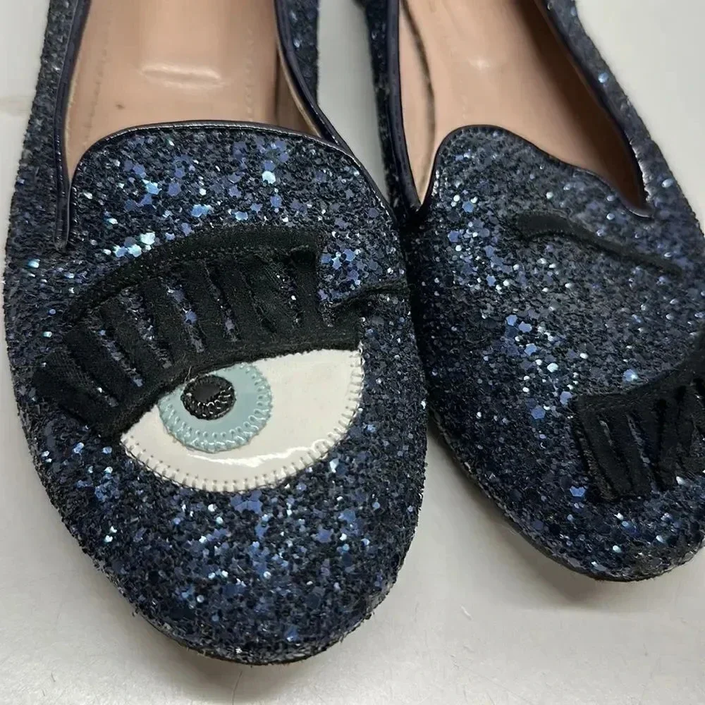 Chiara Ferragni Glitter Ballet Flats Shoes Wink Evil Eye Navy Blue Size 36 6